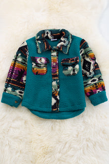 💎Teal sherpa shacket with geometric printed sleeve. TPG60153006 Jeann