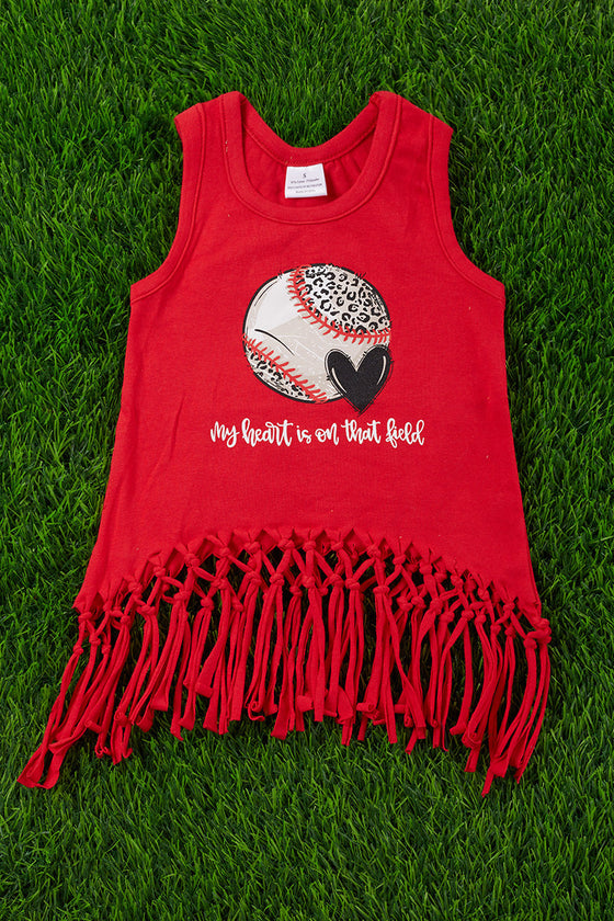 My heart is on that field" red high-low fringe tank top. TPG573004 WENDY