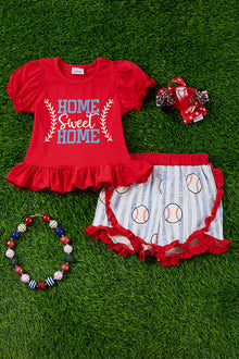  Home sweet home" bubble sleeve baseball top & ruffle shorts. OFG55133004 LOI