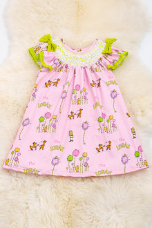  Pink Character printed dress with neon green embroidered sleeve trim. DRG40183 WENDY