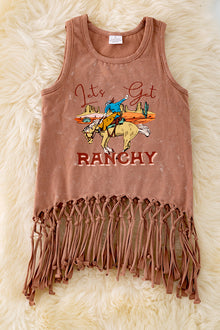  Let's get ranchy" washed brown tank top with fringe. TPG40430 AMY