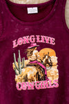 "Long live cowgirls" maroon graphic printed top w/fringe. TPG40429 JEAN