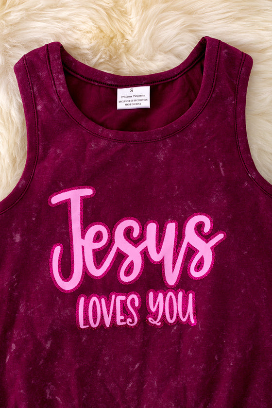 Jesus Loves You" washed maroon tank top w/fringe. TPG40426 AMY