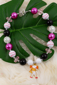  Pink baseball /black bubble necklace w/baseball player pendant. 3pcs/$15.00 ACG55154001 M