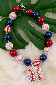  Red,navy blue & printed baseball bubble necklace w/ pendant. 3pcs/$15.00  ACG55154004 M