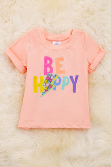  Be happy" Peach tee shirt with folded sleeves. TPG25154005 AMY