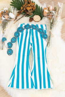 Turquoise stripe printed bootcut denim pants. PNG45133001-AMY