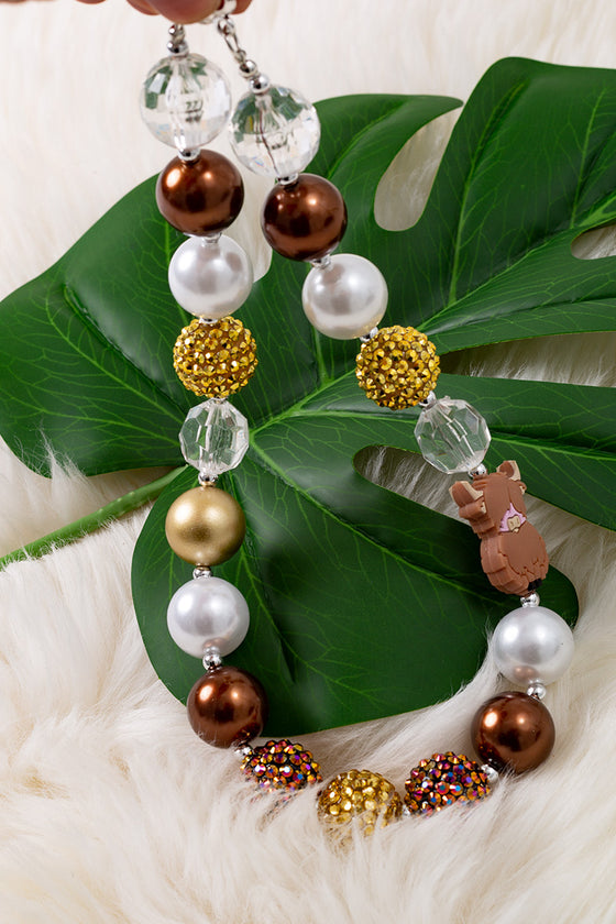 Brown & gold bubble necklace with highland cow pendant. 3pcs/$15.00 ACG40270 M