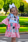 Beautiful wester patch printed girls dress with bows and cow printed hem. GLD030703-JEAN