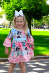 Beautiful wester patch printed girls dress with bows and cow printed hem. GLD030703-JEAN