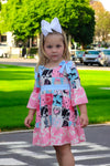 Beautiful wester patch printed girls dress with bows and cow printed hem. GLD030703-JEAN
