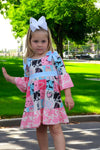 Beautiful wester patch printed girls dress with bows and cow printed hem. GLD030703-JEAN