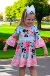 Beautiful wester patch printed girls dress with bows and cow printed hem. GLD030703-JEAN