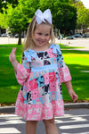 Beautiful wester patch printed girls dress with bows and cow printed hem. GLD030703-JEAN