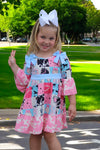 Beautiful wester patch printed girls dress with bows and cow printed hem. GLD030703-JEAN