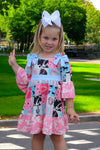 Beautiful wester patch printed girls dress with bows and cow printed hem. GLD030703-JEAN