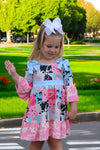 Beautiful wester patch printed girls dress with bows and cow printed hem. GLD030703-JEAN
