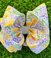 Green, yellow and purple floral printed double layer hair bows. 4pcs/$10.00 BW-DSG-1022
