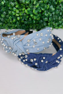  Girls simulated denim headbands with rhinestones and pearls. Available in 2 tones 2pcs/$8.00