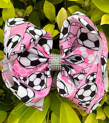  Soccer printed on pink double layer hair bows. 4PCS/$10.00 BW-DSG-1034