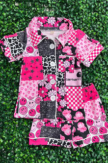  Multi-printed patch 2 piece pajamas set. GSSO030101-WEEN