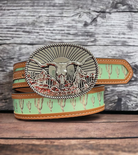 Cactus printed kids belt with longhorn cow buckle. ACG65153006 S