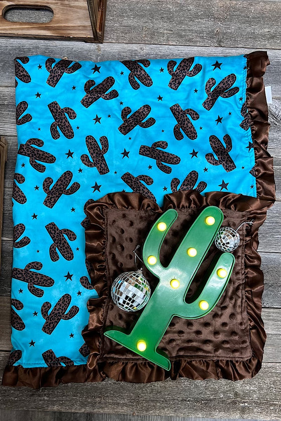 Cactus printed on turquoise baby blanket & brown ruffle trim (35" by 35") BKB25153011 M