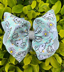  Kitty & daisy printed on mint 6.5" double layer hair bows. 4pcs/$10.00 BW-DSG-983