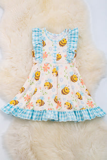  Bee & gingham printed girls dress with ruffle hem. DRG25114013 AMY