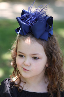  NAVY BLUE 7.5" WIDE DOUBLE LAYER FEATHER HAIR BOWS. 4PCS/$10.00 BW-370-F