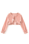 Blush floral girls dress with front bows and faux velvety cardigan. OFG70081 BRE