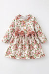 Blush floral girls dress with front bows and faux velvety cardigan. OFG70081 BRE