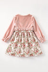 Blush floral girls dress with front bows and faux velvety cardigan. OFG70081 BRE