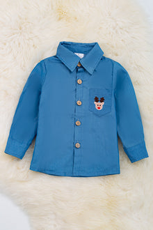  Rudolph embroidered pocket long sleeve boys shirt.TPB50143015 Loi