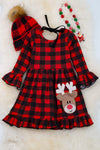 Plaid reindeer application dress with ruffle hem. DRG50133091 006JEAN