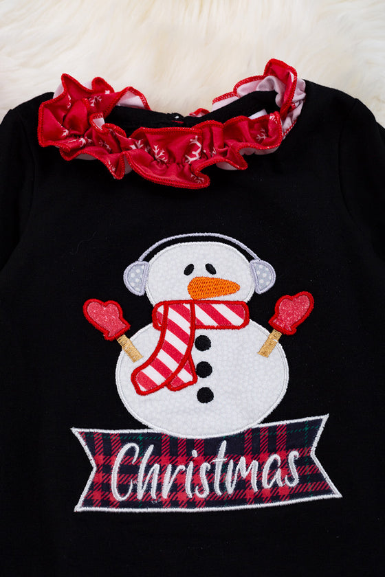 Christmas embroidered snowman ruffle romper with snaps. RPG50143026-NAY