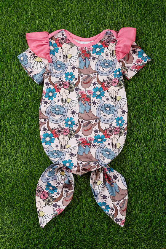 Floral, cow skull * cowgirl boot printed baby gown. PJG25153015