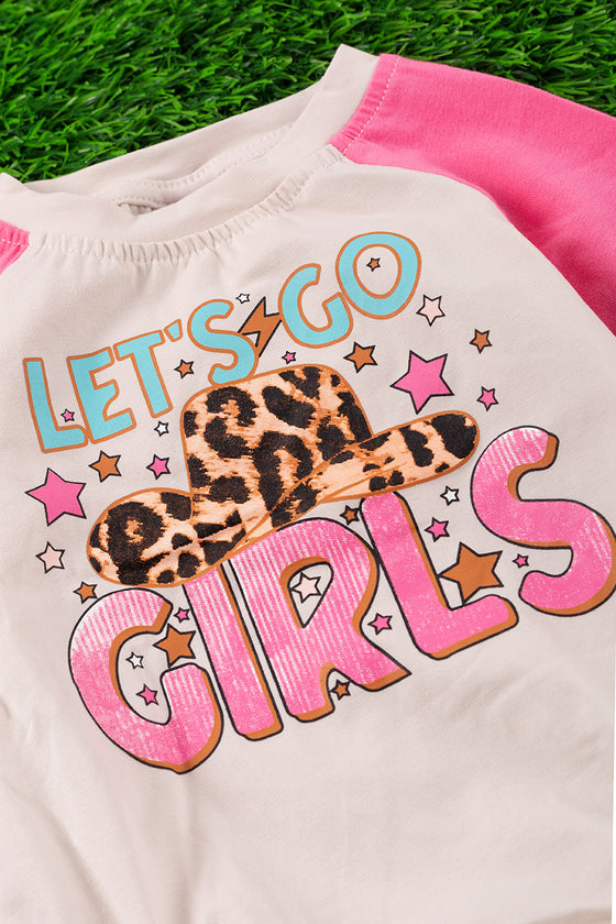Let's go girls" Ivory graphic baby onesie w/ pink sleeves. RPG65143016-LOI