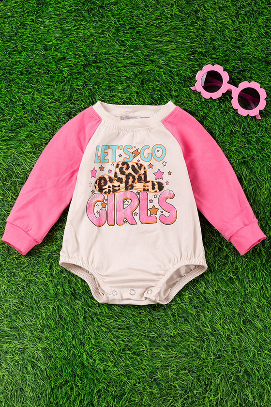 Let's go girls" Ivory graphic baby onesie w/ pink sleeves. RPG65143016-LOI