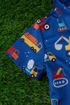 Construction truck printed button up shirt with gray shorts. OFB25153006 jeann