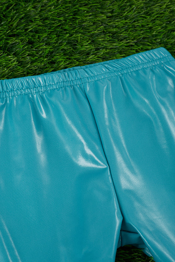Teal blue faux leather double layer bell pants. PNG65153004 loi