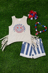 American babe fringe top with stripe denim shorts. ofg30113024-sol