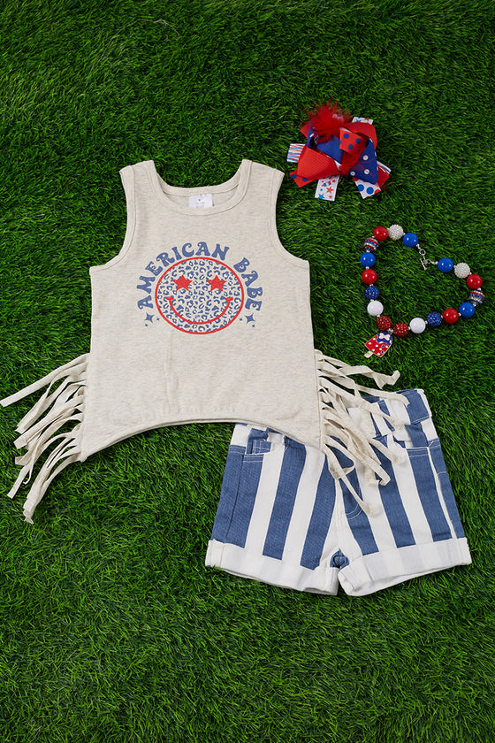 American babe fringe top with stripe denim shorts. ofg30113024-WENDY