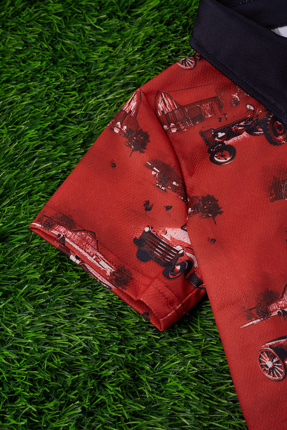 Old truck on a farm printed on red button up shirt. TPB25153038 WEN