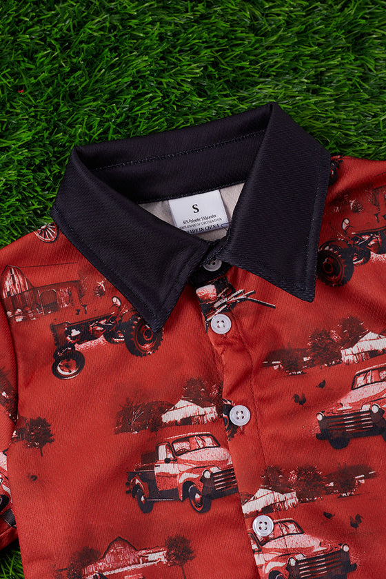 Old truck on a farm printed on red button up shirt. TPB25153038 WEN