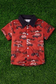  Old truck on a farm printed on red button up shirt. TPB25153038 WEN