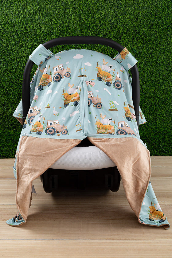Farm ride on a tractor" multi printed car seat cover. 