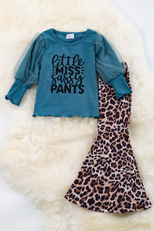  Little miss sassy pants teal top & cheetah printed bell bottoms. OFG65133065-SOL