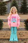 Christmas tree applique sweatshirt and turquoise bottoms. OFG62387 MON