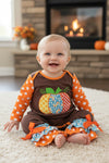 Brown Pumpkin applique romper with orange sleeves.